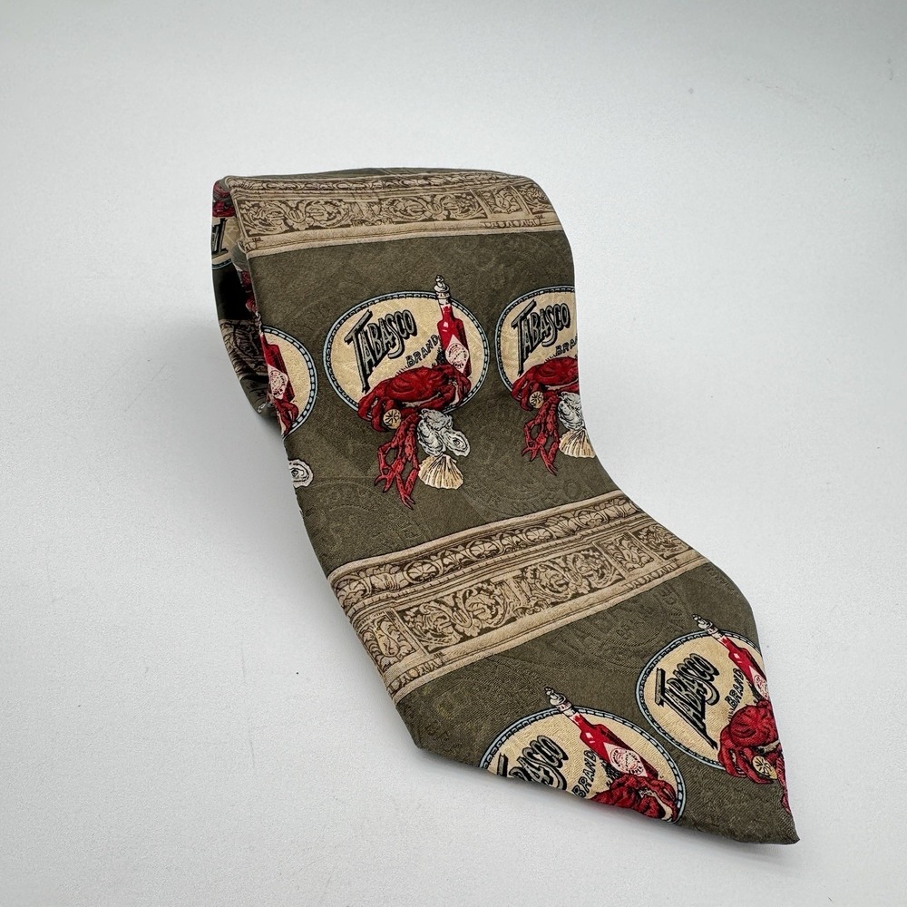 Vintage Tabasco‎ Silk Tie Crab Seafood Novelty 60x4 Green USA Made
